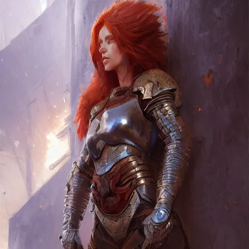 Prompt: a rustic woman wearing futuristic armor, detailed face, redhead, by greg rutkowski, mandy jurgens