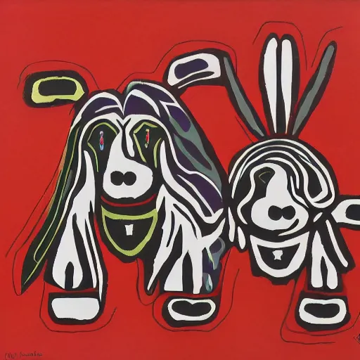 Image similar to tlingit haida lithographic, havanese dog, abstract lithograph print by nathan jackson and tristan - wolf and maynard johnny jr.