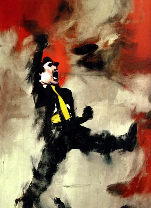 Image similar to mario screaming, painting by phil hale, fransico goya,'action lines '!!!, graphic style, visible brushstrokes, motion blur, blurry