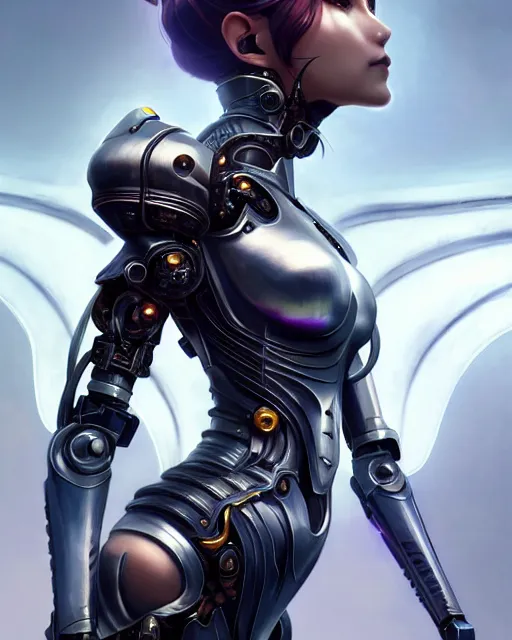 Image similar to 3 / 4 view of a cyborg woman with metal wings, pixie character, genshin impact, fantasy magic, dark light night, intricate, elegant, sharp focus, illustration, highly detailed, concept art, matte, art by wlop and artgerm and greg rutkowski, anime, trending on artstation