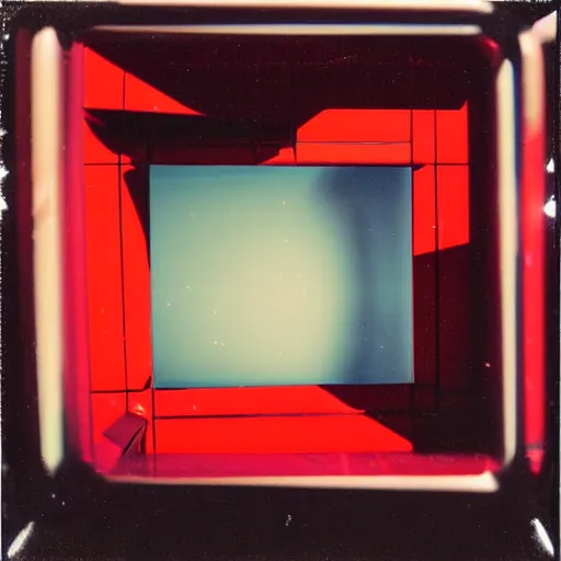 Prompt: chrome spheres on a red cube, polaroid 600 photograph