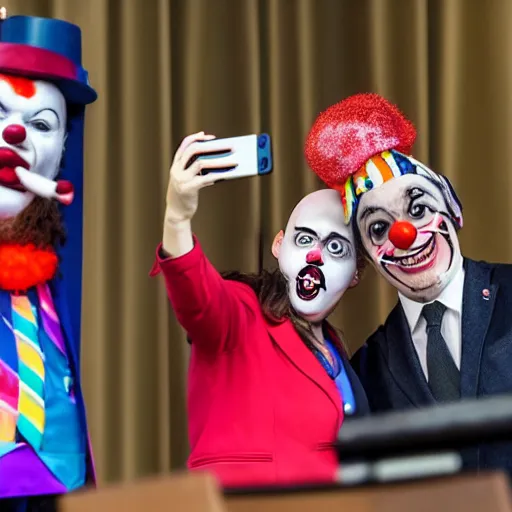 Image similar to a president with bulldog mouth and clown makeup taking a selfie in a podium next to an angry first minister