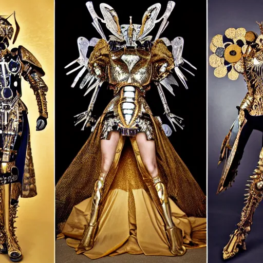 Image similar to haute couture scale armour sf paladin editorial by klimt, biomechanical hornet with metal couture wings by malczewski, ornate wh 4 0 k chaos lord in gold, bismuth and obsidian by giger, on bloody cosmic battleground by alphonse mucha
