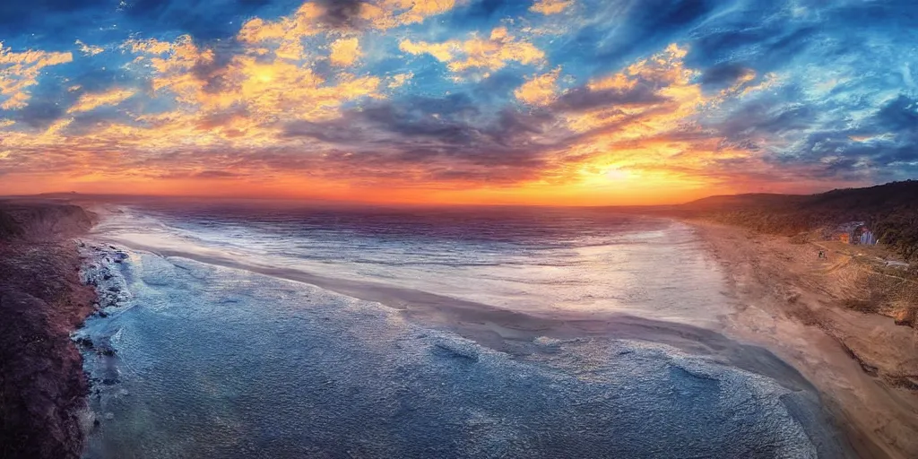 Image similar to a beach between two valley, sun set, digital art, highly detailed, drone wide shot