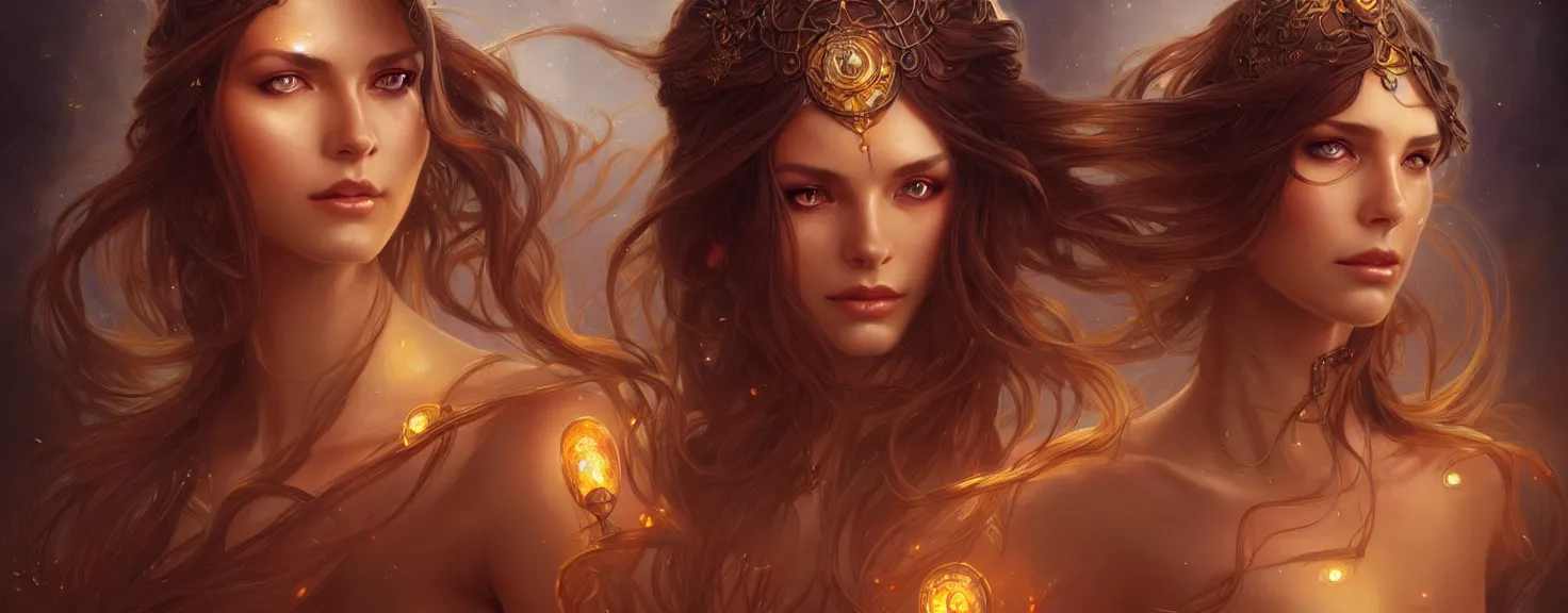 Image similar to fantasy magic woman portrait, sci-fi, amber eyes, face, long hair, fantasy, intricate, elegant, highly detailed, digital painting, artstation, concept art, smooth, sharp focus, illustration, art by artgerm and greg rutkowski and alphonse mucha