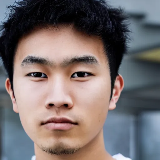 Image similar to a young asian man with a square face, short thick curly black hair and swarthy skin, close up portrait