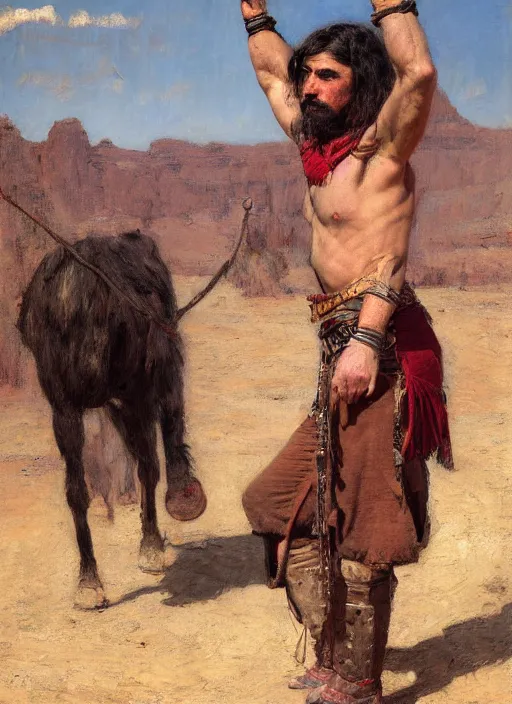 Image similar to Old west circus wrestler (rdr2). Iranian orientalist portrait by john william waterhouse and Edwin Longsden Long and Theodore Ralli and Nasreddine Dinet, oil on canvas. Cinematic, hyper realism, realistic proportions, dramatic lighting, high detail 4k