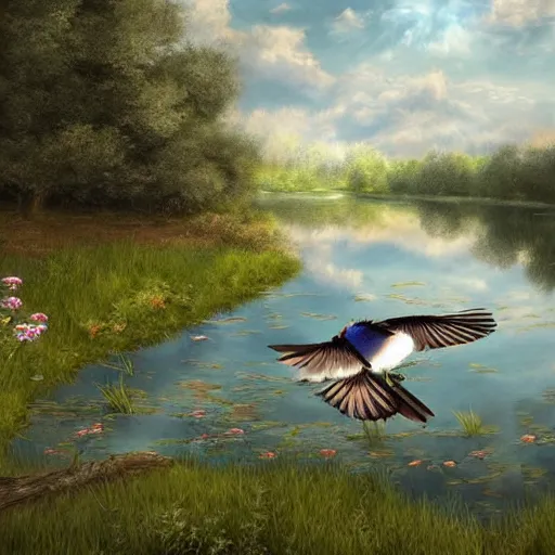 Prompt: swallows flying above a beautiful pond. Artwork, artstation, highly detailed