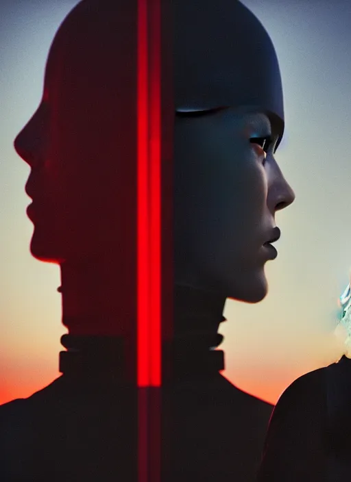 Image similar to cinestill 5 0 d photographic portrait of two loving female androids wearing rugged black techwear on a desolate plain with a red sky in front of a brutalist structure, extreme closeup, cyberpunk style, dust storm, 8 k, hd, high resolution, 3 5 mm, f / 3 2, ultra realistic faces, ex machina