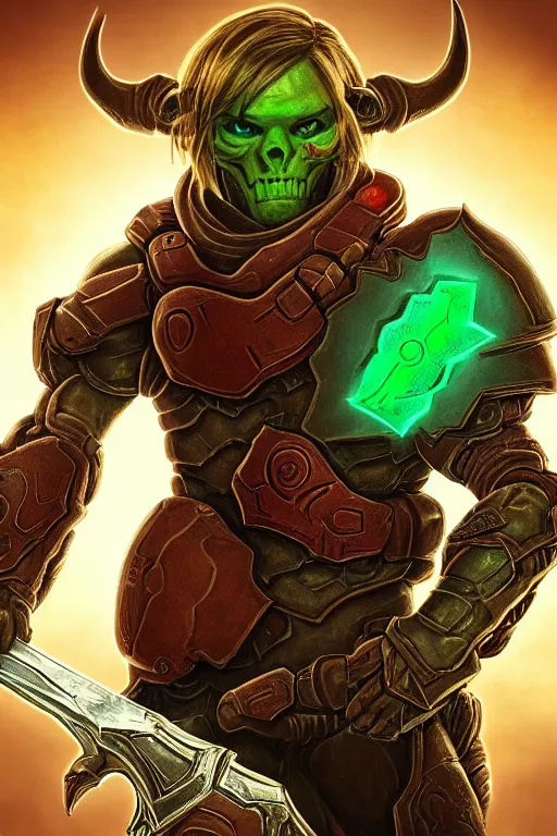 Image similar to an in game portrait of link from doom eternal, doom eternal art style.