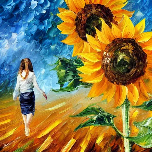 Image similar to a girl slowly walking through amazing tall sunflower field, her hair flowing down, subtle, intricate details, real masterpiece, oil on canvas, by leonid afremov