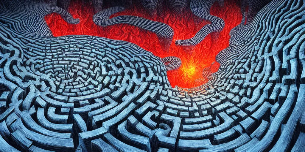 Prompt: deep twisting communal hive maze of shiny magma and smoke award winning art, epic dreamlike fantasy landscape, art print, science fiction, ultra realistic,