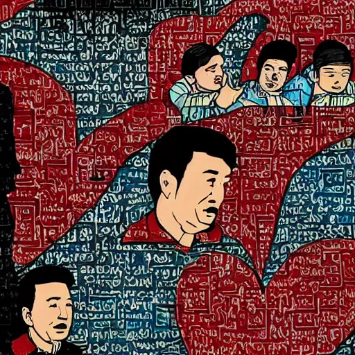 Image similar to uyghur Uighur men in a prison, heart kidney lungs, in the style of daniel johnston and outsider art, 4k, line brush, overlaid with chinese adverts and mandarin text