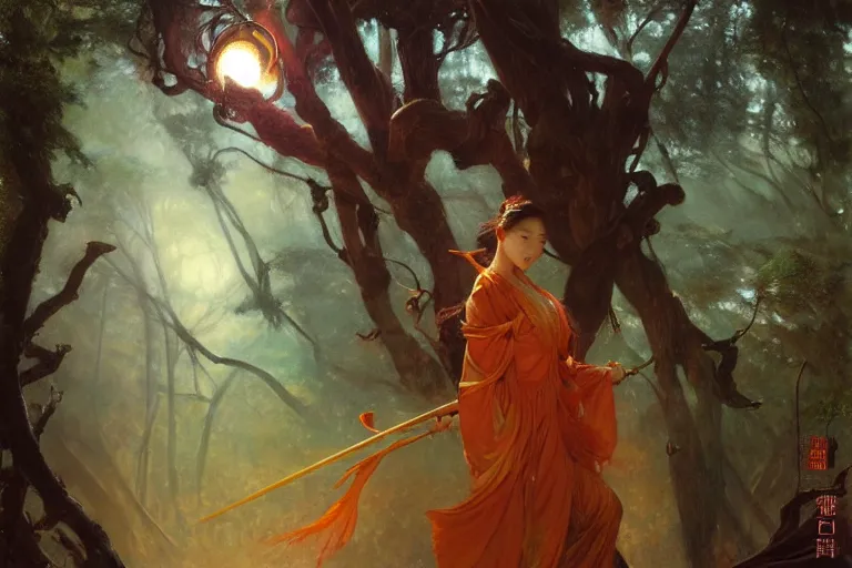 Prompt: wuxia, forest, moonlight, painting by gaston bussiere, craig mullins, j. c. leyendecker, artgerm, agostino arrivabene, vanessa beecroft, ankazhuravleva