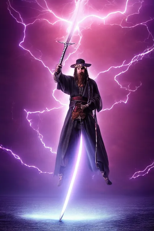 Image similar to hyper realistic mystical wizard holding a sword that’s pointed towards the sky, sword is getting shocked by purple lightning, wizard is levitating over a lake, reflection, octane, trending on artstation, hyper realistic, highly detailed, 8k