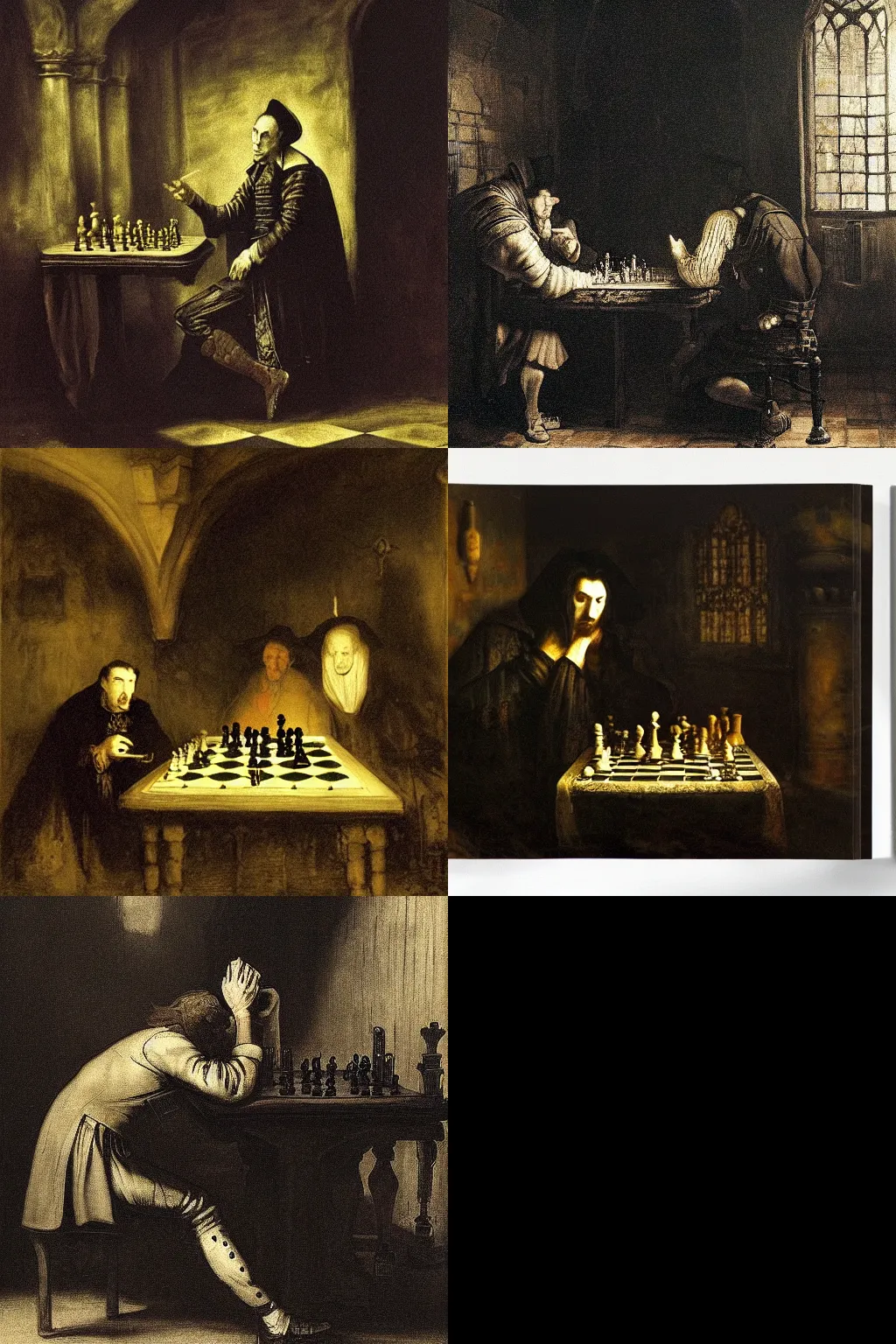 Prompt: Dracula plays chess melancholic in a dark, gothic castle by Rembrandt,