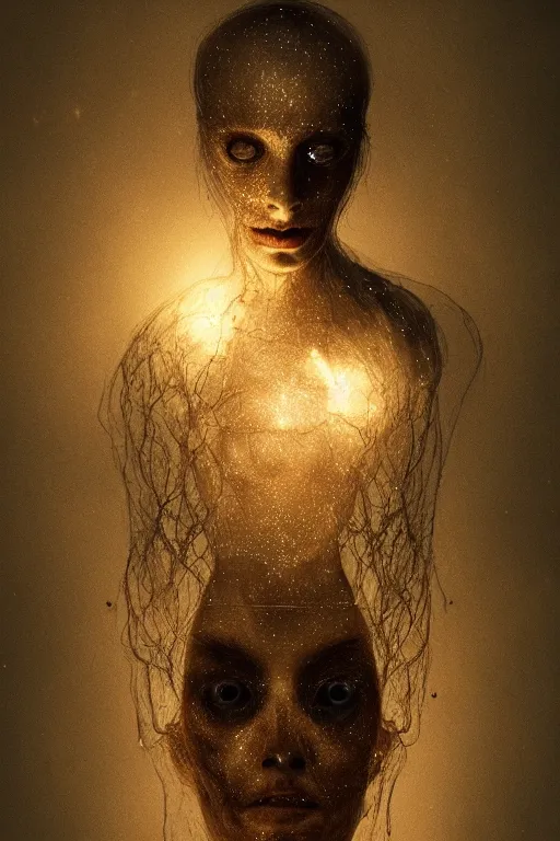 Image similar to surreal portrait of a ghost floating in the darkness of the Space, ancient fairy dust, Cinematic lighting, insanely detailed, trending on artstation, golden ratio, concept art by Agesandro de Rodas & Emil Melmoth