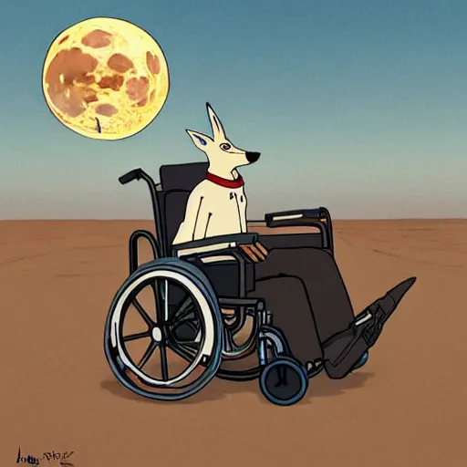 Image similar to a study of cell shaded cartoon of a jackal in a wheelchair from howl's moving castle ( 2 0 0 4 ) on a desert road, in front of a big moon, full body, wide shot, very muted colors, post grunge, studio ghibli, laurie greasley, highly detailed, deviantart, art by artgem