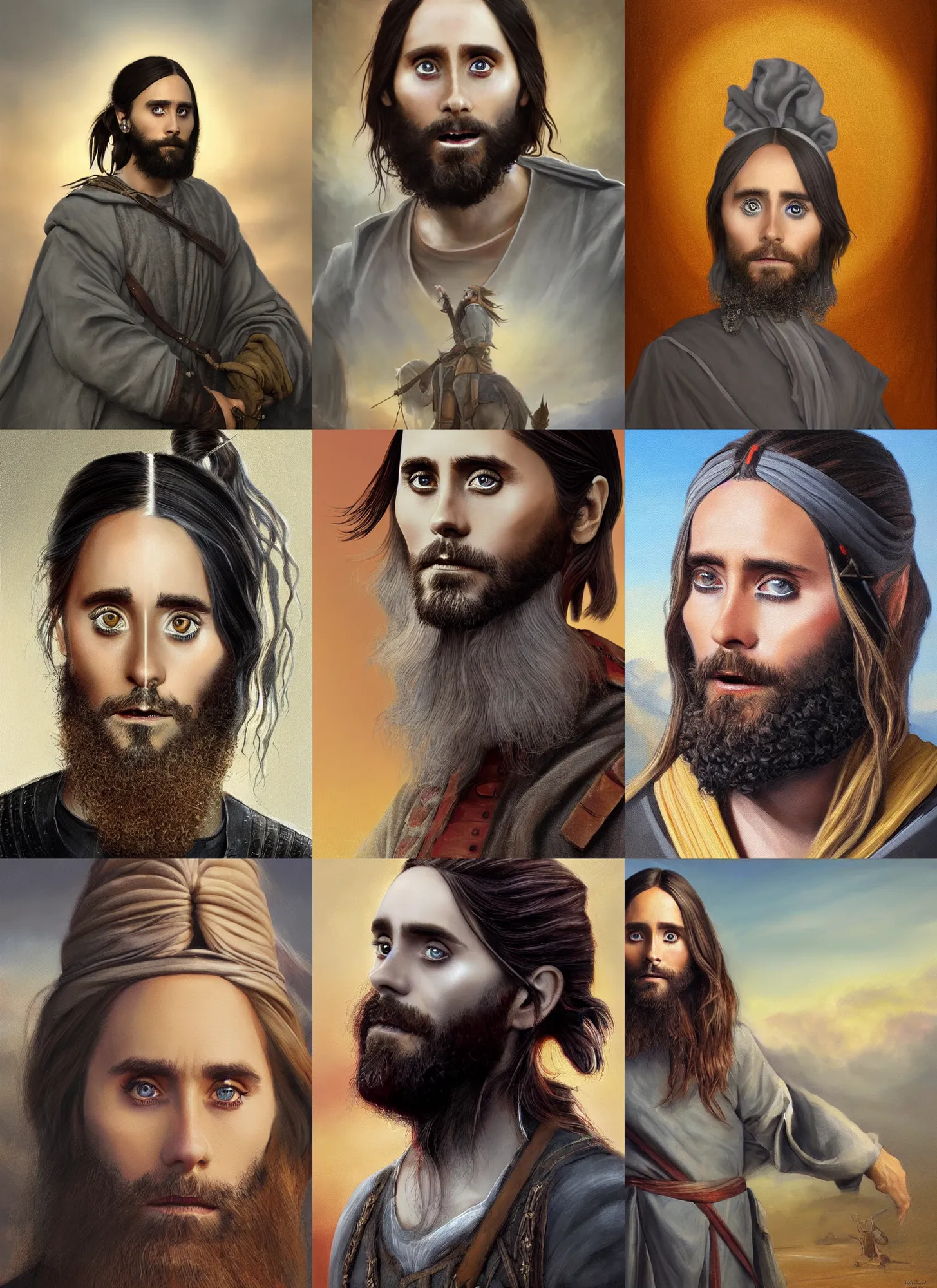 Prompt: a stunning painting of jared leto with a grey ponytail and short grey beard dressed as a medieval explorer, james gurney, digital art, golden hour