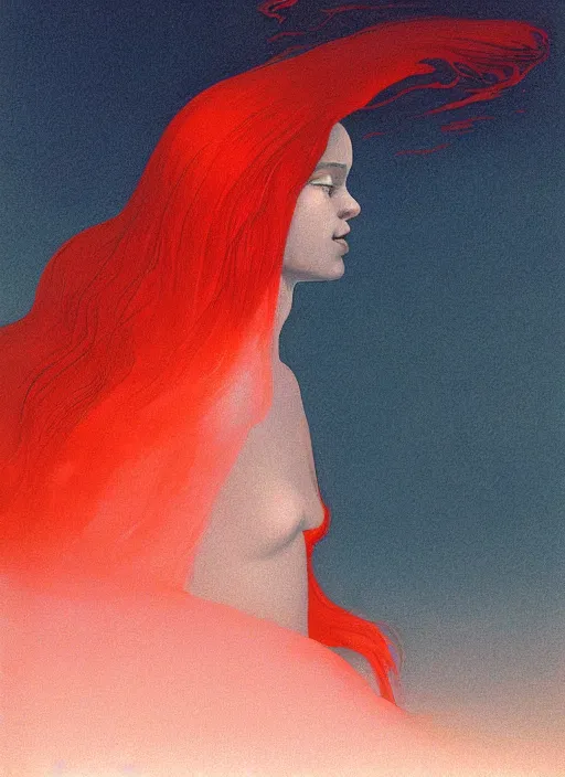 Prompt: woman with long red glowing hair on an iceberg in space Edward Hopper and James Gilleard, Zdzislaw Beksinski highly detailed