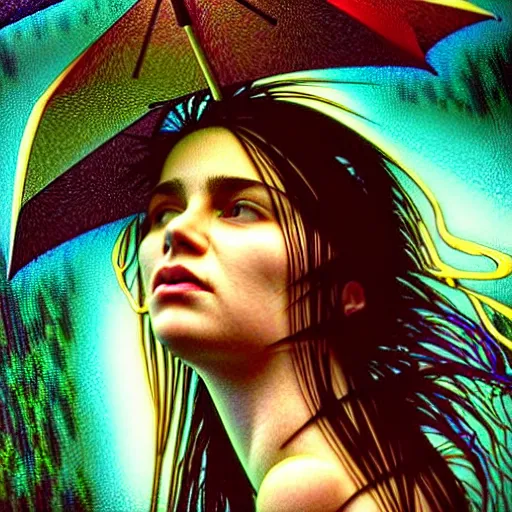 Prompt: bright asthetic portrait LSD glowing backlit rain on face and wet hair, fantasy, intricate, elegant, dramatic lighting, highly detailed, lifelike, photorealistic, digital painting, artstation, illustration, concept art, smooth, sharp focus, art by John Collier and Albert Aublet and Krenz Cushart and Artem Demura and Alphonse Mucha