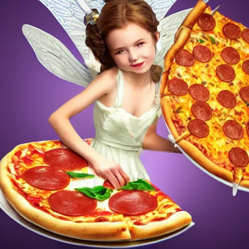 Image similar to fairy with pizza for wings,