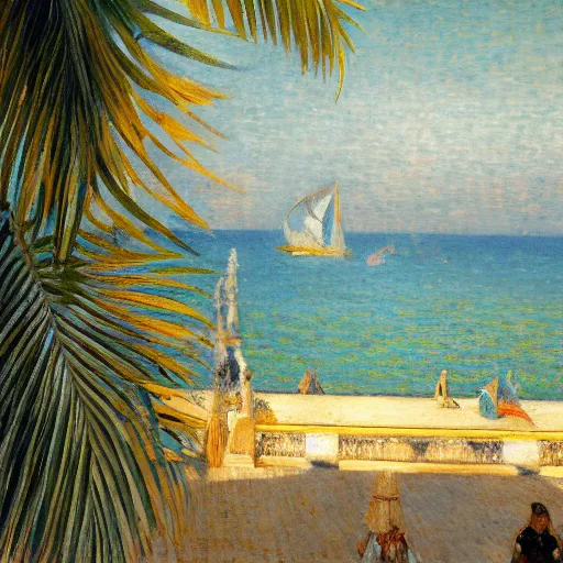 Image similar to a ultradetailed beautiful painting of the amazonas palace balustrade designed by jules bastien - lepage, hans belmer, frank weston and gustave baumann, beach, trending on artstation, mediterranean, palm trees, refracted color sparkles, sharp focus, soft light, 8 k 4 k