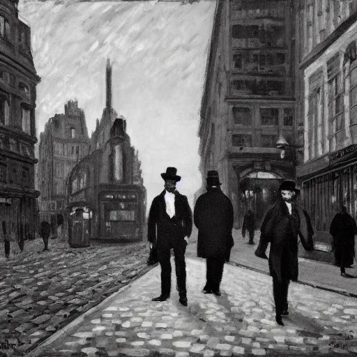 Prompt: Impressionist Noir victorian men in cityscape post-impressionist London by Claude Monet in Sin City