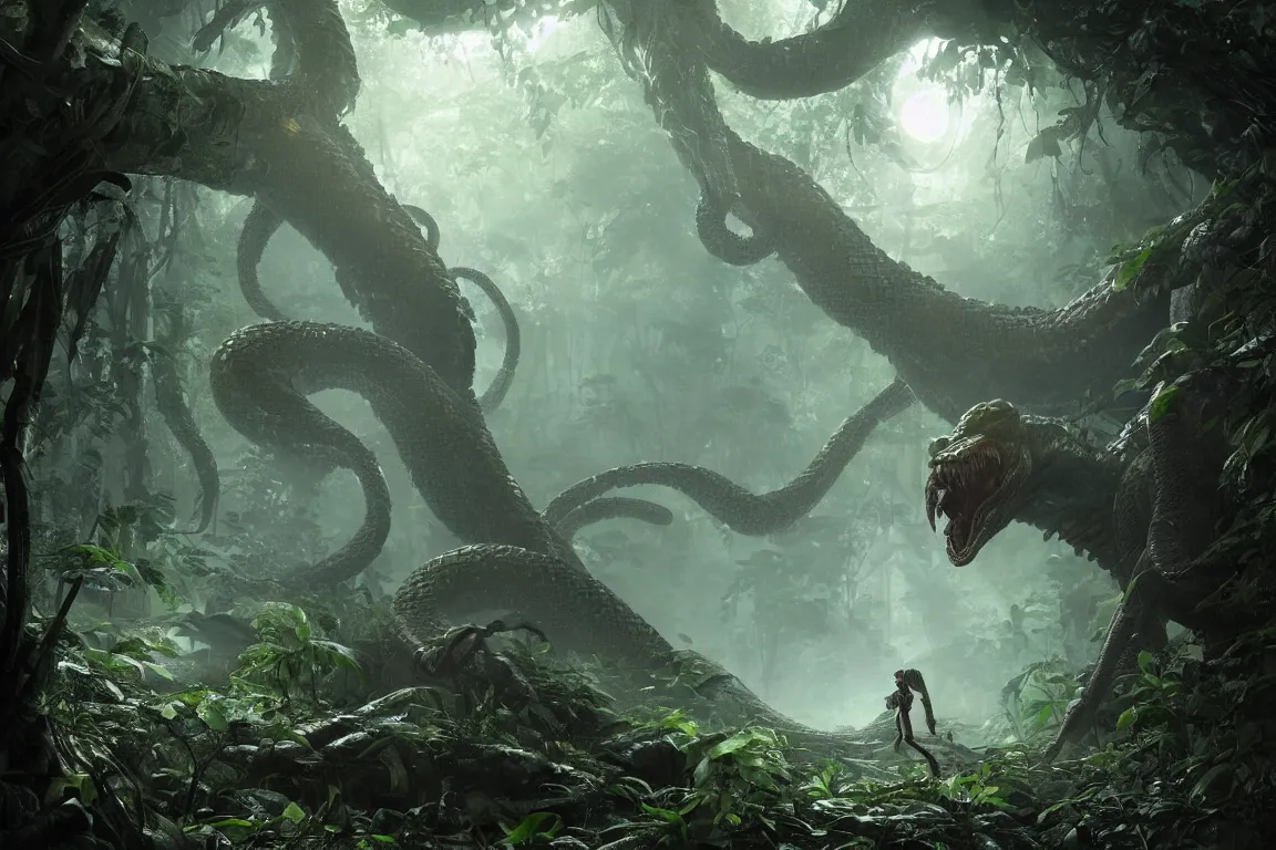 Prompt: giant snake monster deep in the jungle, glowing eyes, eldritch horror, character art by Greg Rutkowski, 4k digital render