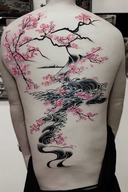 Image similar to back tattoo of cherry blossom tree floating over a tidal wave, in japanese traditional art style