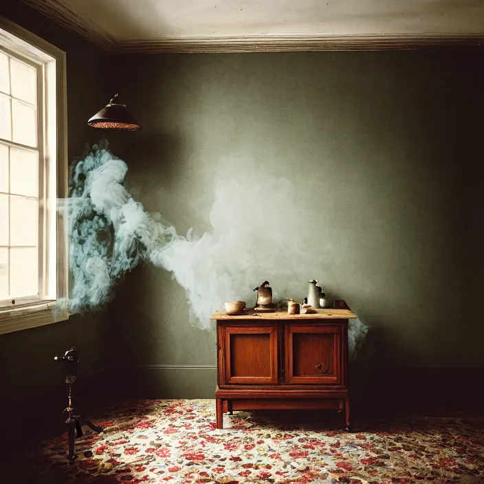 Prompt: kodak portra 4 0 0, wetplate, fisheye, award - winning portrait by britt marling, 1 8 8 0 s kitchen, ghost, picture frames, shining lamps, dust, smoke, 1 8 8 0 s furniture, wallpaper, carpet, books, muted colours, wood, fog, plants, flowers