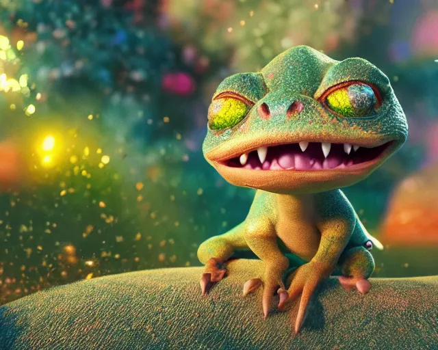 Prompt: a cute baby dinosaur, big eyes, soft fur and scales texture, pastel colours, colorful, glitter crystals, cute, pixar animation style, detailed, soft light, octane render, 4 k