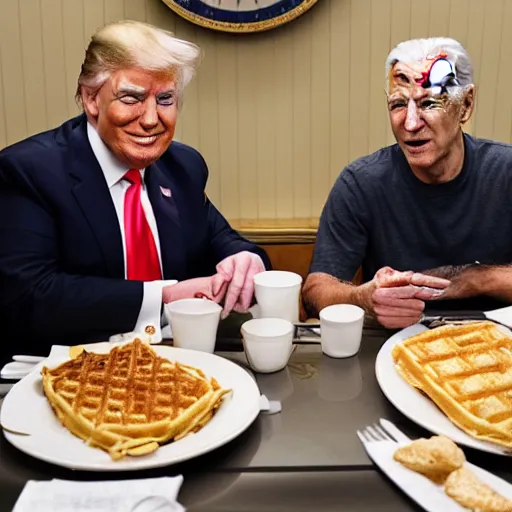 Image similar to photograph of trump and Biden sitting and eating breakfast at a Wafflehouse