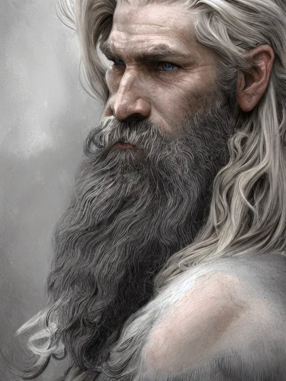 Image similar to painted portrait of rugged odin, god of war, norse god, white hair, masculine, mature, handsome, upper body, grey and silver, muscular, hairy torso, fantasy, intricate, muscular, elegant, hyper detailed, digital painting, artstation, concept art, smooth, sharp focus, illustration, art by gaston bussiere and alphonse mucha