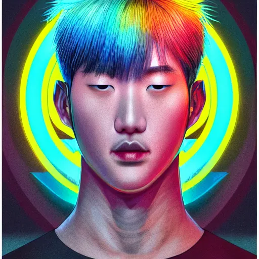 Image similar to the head of a handsome korean man partially made of rainbows, an ultrafine detailed illustration by james jean, final fantasy, intricate linework, bright colors, behance contest winner, vanitas, angular, altermodern, unreal engine 5 highly rendered, global illumination, radiant light, detailed and intricate environment