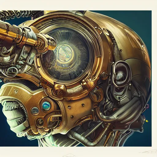 Prompt: high quality high detail biomechanical portrait of diesel punk in an alien world, metroid head, mekka, tristan eaton, victo ngai, artgerm, rhads, ross draws, hyperrealism, intricate detailed, alphonse mucha, 8 k, sci - fi, pastel colors, artstation,