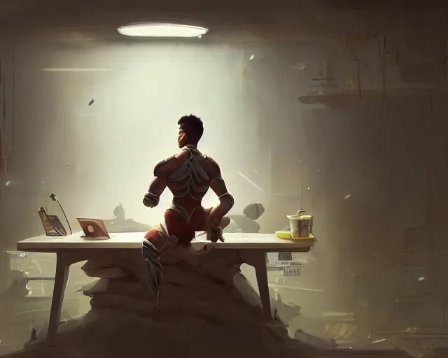 Image similar to an insanely detailed painting of an asian man wearing a homemade superhero costume, sitting at a desk, staring at the nervously at the computer and typing, in the style of peter mohrbacher, dramatic lighting and composition, surreal background, octane render, pixar, trending on artstation, concept art, comic book, view from behind