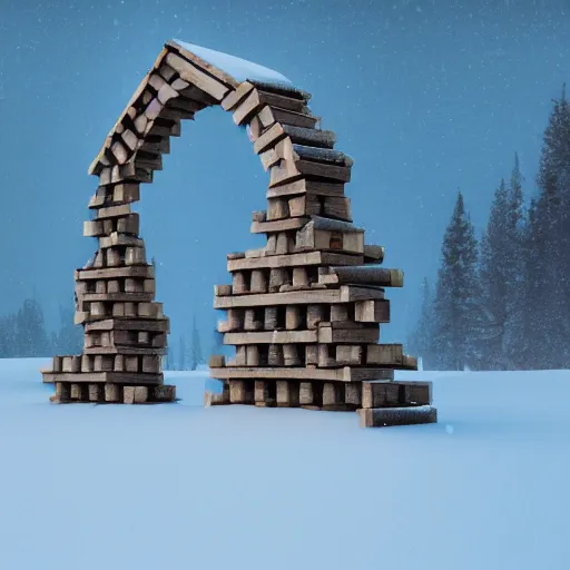 Image similar to large wooden blocks stacked ontop of each other in an arch, in the snow, an ambient occlusion render by Filip Hodas, Simon Stålenhag, digital art, cgsociety, environmental art, matte painting, ambient occlusion