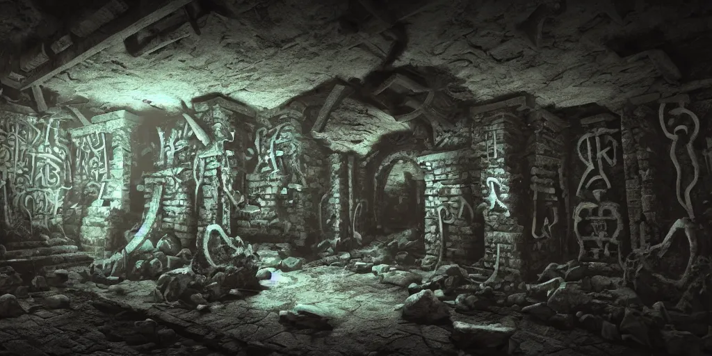 Prompt: ancient catacombs, dark fantasy, sigils, runes, magic, cinematic, graffiti art, scifi, fantasy, hyper detailed, octane render, ue 5
