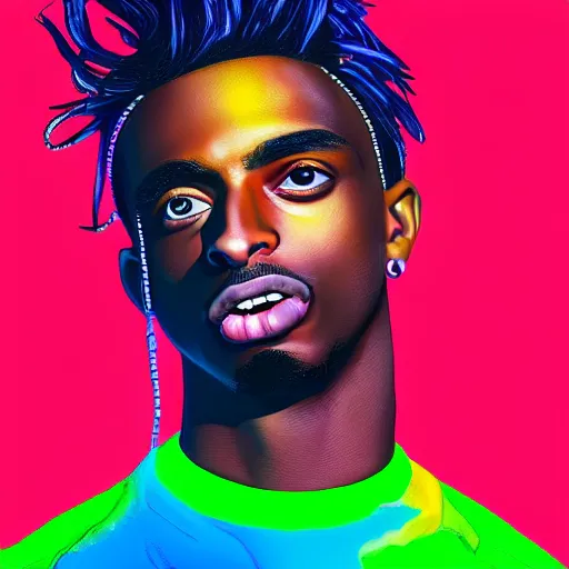 Prompt: playboi carti, photorealistic, detailed face, full body shot, 8 k, hd, neon colors, over saturated colors, wok, cluttered background with hype things, mumble,