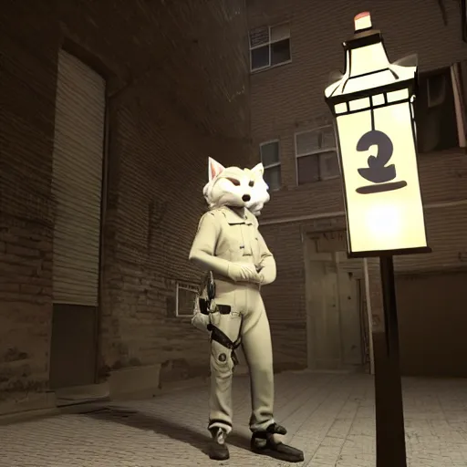 Prompt: furry anthro 3d source engine render 4k police officer anthropomorphic white wolf in uniform standing under a streetlamp in an alley at night half life