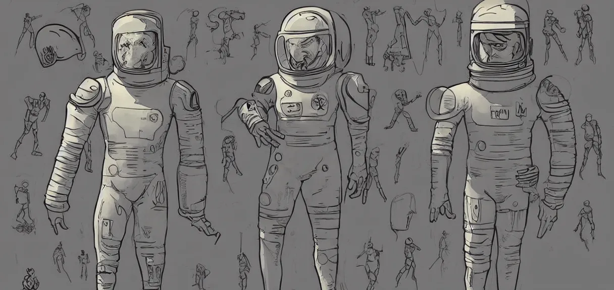 Image similar to male, full body, space suit with a modern helmet, large shoulders, short torso, long thin legs, tiny feet, character sheet, science fiction, very stylized character design, cartoon proportions, pen and ink, digital painting, watercolor wash, by mike mignola, by alex maleev, jean giraud