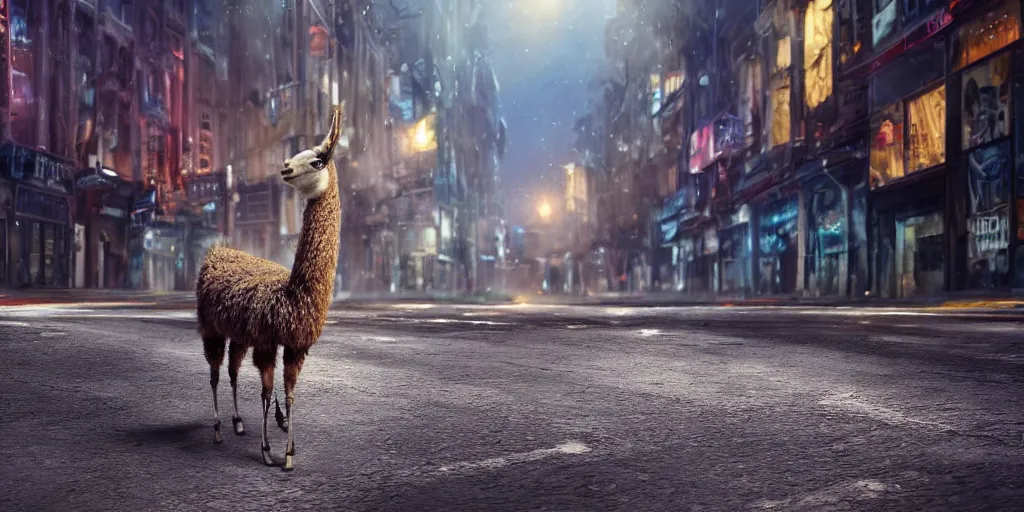 Image similar to a llama walking through a desolate city street at night, realistic 4 k octane beautifully detailed render, 4 k post - processing, highly detailed, intricate complexity, epic composition, magical atmosphere, cinematic lighting, masterpiece, ultra hd