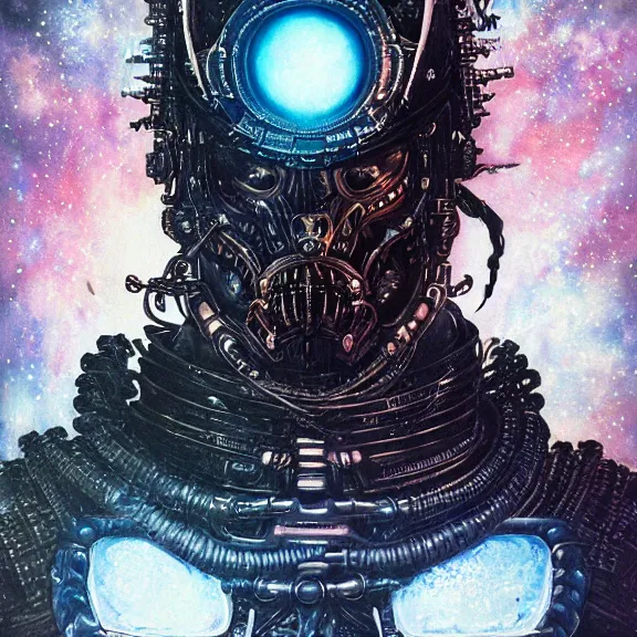 Image similar to a highly detailed space pirate portrait of an interstellar criminal radiating a dark unholy aura, a divine cosmic punisher, ornate black futuristic gothic armor, intricate broken space helmet, VR iridium visor, 8k, by Tristan eaton, Stanley Artgermm, Tom Bagshaw, Greg Rutkowski, Carne Griffiths, Ayami Kojima, Beksinski, Giger, trending on DeviantArt, face enhance, hyper detailed, minimalist, cybernetic, android, blade runner, full of colour,