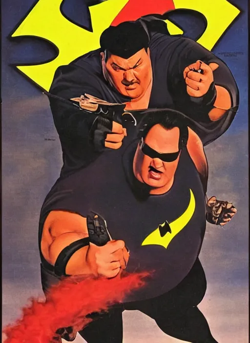 Image similar to an 8 0's john alvin action movie poster starring steven seagal face as a fat bat man superhero the movie is called fat batman