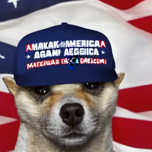 Image similar to doge wearing a make america great again cap, realistic, super detailed, wide shot, 8 k,