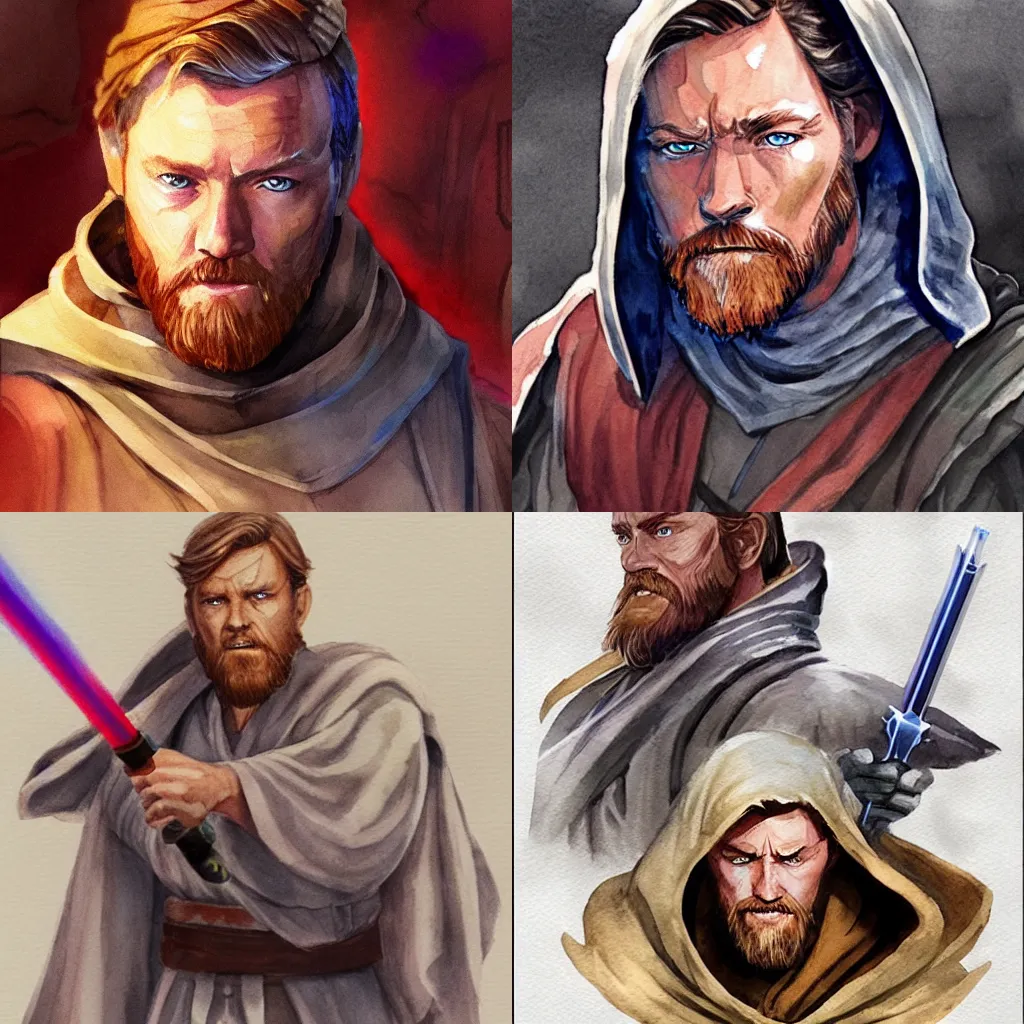 Prompt: Obi Wan Kenobi as a dungeons and dragons character, watercolor, trending on artstation