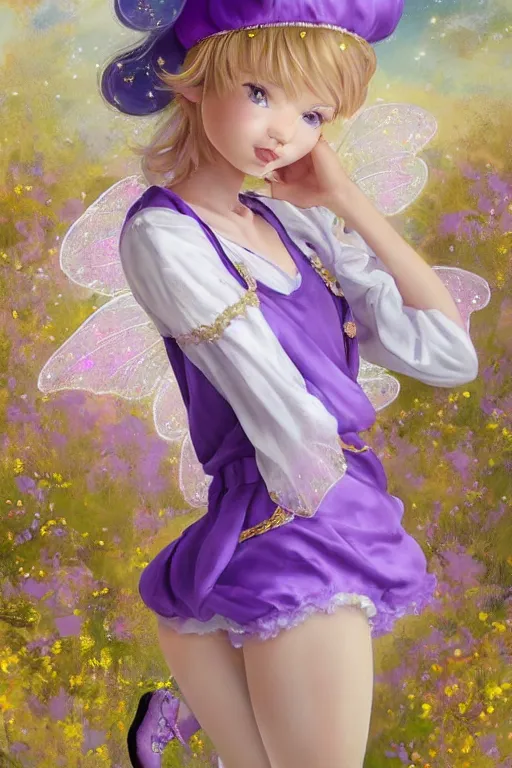 Image similar to Full View fairy maiden with short blond hair wearing an oversized purple Beret, Baggy Purple overall shorts, Short Puffy pants made of silk, silk shoes, a big billowy scarf, Golden Ribbon, and white leggings Covered in stars. covered in embroidery. Short Hair. peasant magic. masterpiece 4k digital illustration by Ruan Jia and Mandy Jurgens and Artgerm and william-adolphe bouguereau, award winning, Artstation, art nouveau aesthetic, Alphonse Mucha background, intricate details, realistic, panoramic view, Hyperdetailed, 8k resolution, intricate art nouveau