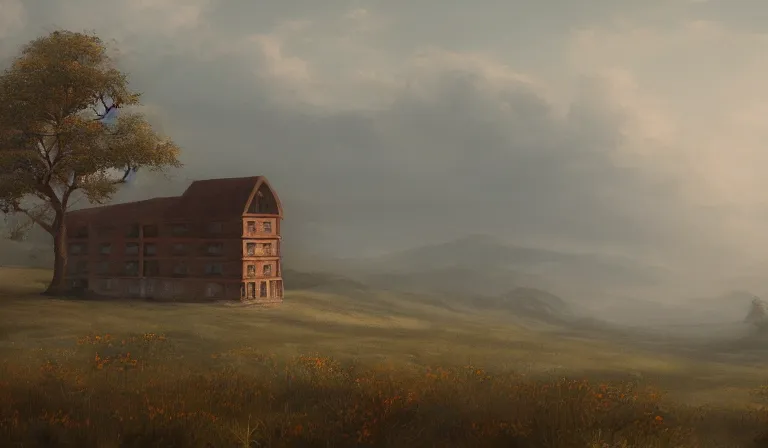 Prompt: A serene landscape with a singular building in the style of cinematic.