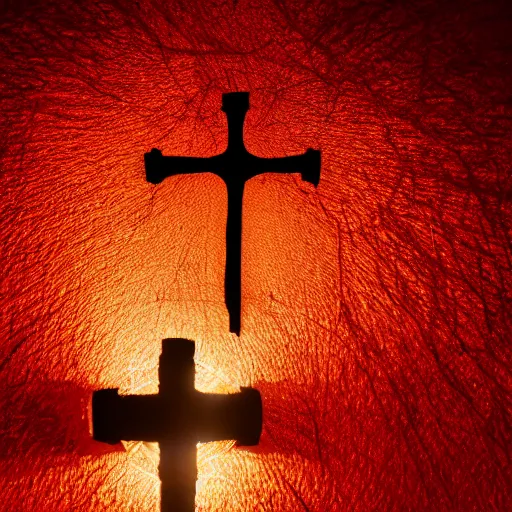 Prompt: photograph of a crown of thorns, dramatic lighting, red hues, silhouette of a cross, award winning photography, DSLR, wallpaper